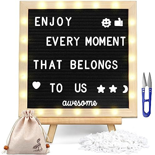 Schwarzes Stecktafel Filz-Buchstabenbrett (25 x 25cm), letter board 340 Buchstaben, integrierte LED-Beleuchtung verstellbarer Ständer für Menüs,Schwangerschafts- und Babyankündigungen, Hochzeiten