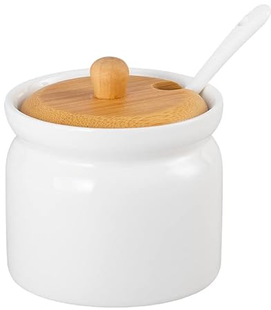 Pullmer Zuckerdose aus Keramik mit Deckel aus Bambusholz und einem Zuckerlöffel, Zuckerbehälter(Rund Weiß)