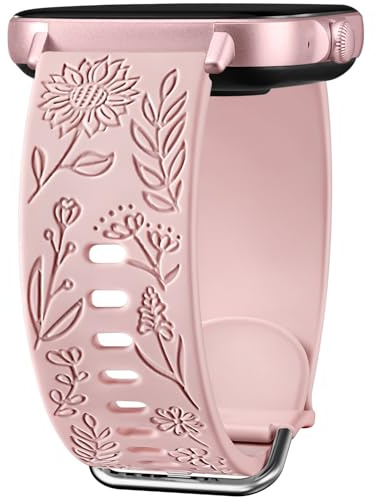 Mastten Fleur Gravé Bracelet Compatible avec Samsung Galaxy Watch 7/6/5/4 40mm 44mm Femme, 20mm Élégant Sport Silicone Bracelet pour Galaxy Watch FE/Active 2/4 6 Classic / 5 Pro, Rose