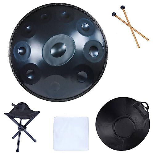 Zungentrommel für Musikinstrumente, 432-Hz-Handtrommel, handgefertigte Hohltrommel, Handpan-Stahltrommel mit Halterung, Aufbewahrungstasche, Trommelstöcke, staubfreies Tuch, 9 Töne/10 Töne/12 Töne