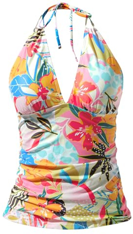Yonique Women's Halter Tankini Top No Bottom V Neck Swim Top Tummy Control Bathing Suit Top Pink Flower L