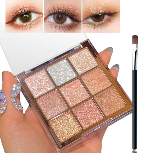 FEXPDL Glitter Eyeshadow Palette, 9 Colour Eye Shadow Pallets for Girls, Shimmer Eyeshadow Palette, Sleek Makeup Natural Waterproof Long Lasting Highly Pigmented, with Brushes
