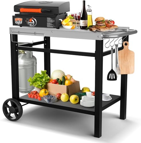 GFTIME Tavolo da barbecue in acciaio inox con 2 ripiani, supporto per pizza per esterni, carrello da lavoro con 5 ganci, tavolino da servizio, carrello da portata per esterni, 86 x 54 cm