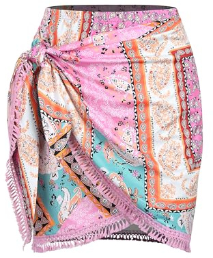 ZAFUL Slit Skirt for Women Ethnic Paisley Printed Tie Side Sarong-Style Bodycon Mini Short Skirt for Beach Night Out Party(Boho-Pink,S)