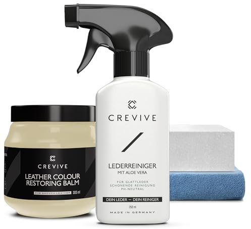 CREVIVE Lederreiniger 250 ml & Leder Reparatur Set Ivory 300 ml (Elfenbein) - Lederpflege Auto - Lederreparatur Sofa - Autositz Reparatur