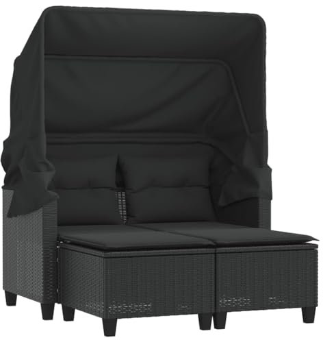 vidaXL Gartensofa 2-Sitzer mit Dach Hockern, Outdoor Sofa Gartenmöbel, Garten Lounge Set Terrasse, Terrassenmöbel Zweisitzer, Schwarz Poly Rattan
