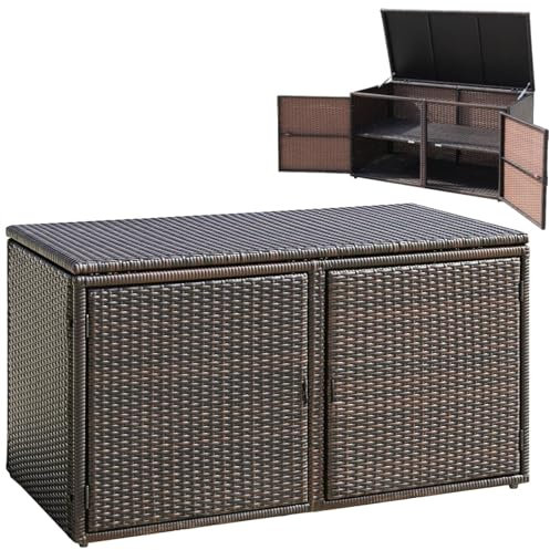 COSTWAY 330L Garden Storage Box, 2-Tier Waterproof Rattan Deck Box Chest with Pneumatic Rod, Lid & Front Doors, Outdoor Patio Storage Bench Table for Cushion Tool Toy (Brown)
