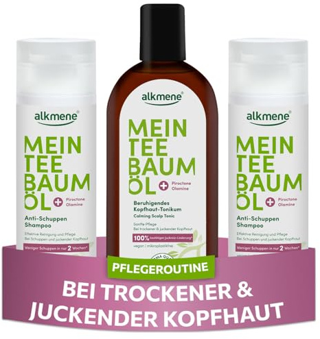 alkmene Haar Pflege Set mit Anti Schuppen Shampoo & Kopfhaut Tonikum | Haarpflege Set gegen Schuppen & juckende Kopfhaut für Damen & Männer - Naturreines Teebaumöl, vegan & klimaneutral