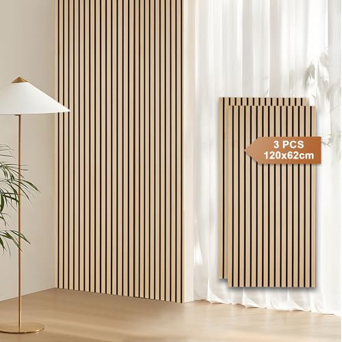 Fiqops 3er Akustikpaneele Holz 120x60 cm Eiche 21 mm | 3er Set ca. 2,16 m², 21 mm Aufbau, MDF & PET-Filz, Für weniger Echo in Wohnzimmer, Büro & Studio