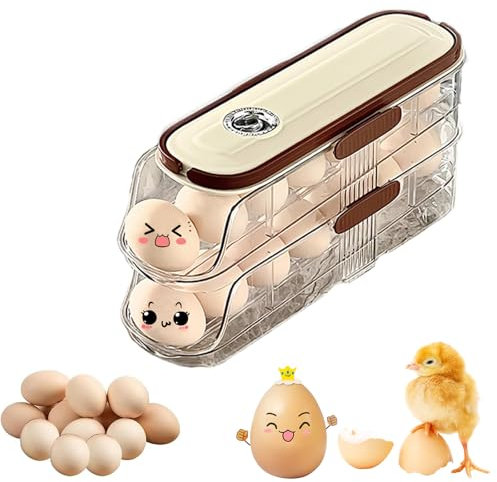 Auto Rolling Egg Storage Container with Lid and Handle, Holds 14 Eggs for Kitchen and Refrigerator