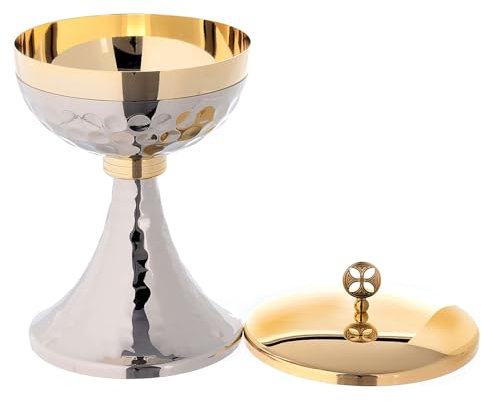 Holyart Cáliz y Copón Bicolor Copa martillada Nudo Simple, CopónAltura píxide: 16 cm|Altura cáliz: 18 cm|Diámetro Copa Cáliz: 10 cm|Diámetro píxide: 12 cm