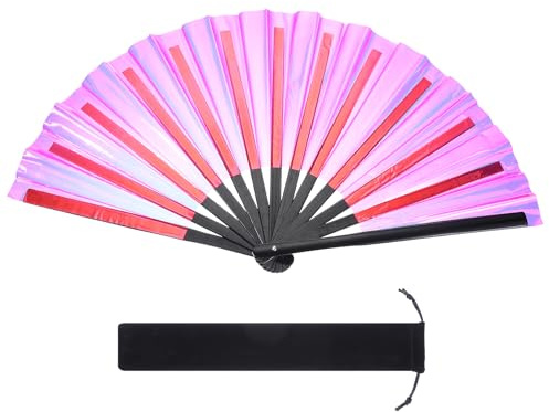 PATIKIL 13 Glitter Clack Rave Fan with Bag, Large Holder Folding Hand Fan Holder Handheld Fan for Women Edm Festival Club Party Dance, Fantasy Rose Red