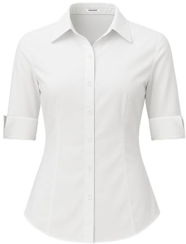 SPRING SEAON Damen Bluse 3/4 Ärmel Slim Fit V-Ausschnitt Knopfleiste Hemd Shirt Business Blusen mit Knopleiste Kurzarm Blusenshirt Tops Sommer Herbst Hemdbluse für Büro und Freizeit