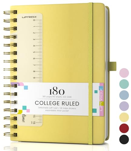 Umriox Notizbuch A5 mit Lineal,Hardcover Spiral Journal,Lined Notizbucher | 180 Seiten 100gsm Tintenfestes Papier Stabile Doppelspiralbindung,Wasserdichte Lederabdeckun 14.5 x 21cm-Gelb