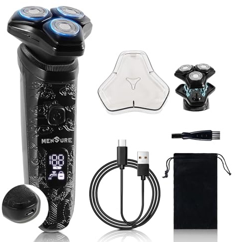 MENSURE Rasoi elettrici da uomo – Rasoio elettrico rotativo 4D con teste galleggianti 3D, regolabarba ricaricabile senza fili, impermeabile IPX7, display LED, adatto ai viaggi, regalo per uomini, nero