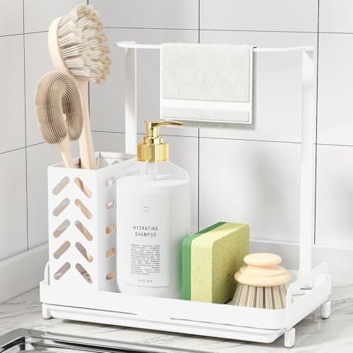Kitsure Spülbecken Organizer Edelstahl Multifunktional, Medium, Weiß | Bürste, Handtuch, Schwammhalter, Abnehmbare Abtropfschale, Rutschfeste Füße, Werkzeugfreie Montage