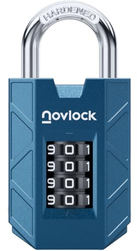 NOVLOCK Kombinationshänglås – robust och säkert hänglås med 4-siffrig kod och härdad bygel för skåp, verktygslådor, grindar, staket och förråd – 1-pack, blå