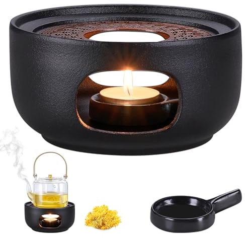 Calientaplat Calentador de Tetera, Calentador de Té de Cerámica con Portavelas, Porcelana Calentadores para Mantener Calientes Té, Café y Leche - Negro (Sin Vela)