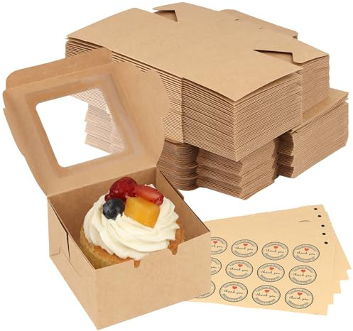 TAICHEUT 50 PCS Kraft Cake Boxes with Clear Window and 60 Stickers 10x10x6.4CM - Bakery Packaging for Cupcakes, Desserts, Cookies, Pies