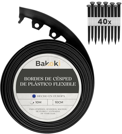 BAKOKI Bordure de pelouse Flexible (10 m | 40 piquets d'ancrage | 10 cm de Hauteur) - en Plastique Noir résistant aux intempéries - Bordure de Parterre de Fleurs - Bordure de Tonte