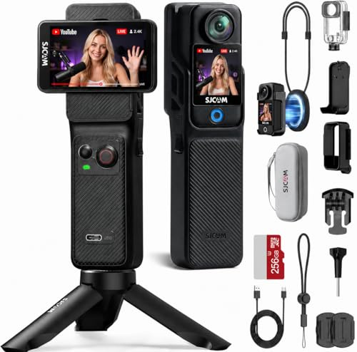 SJCAM C400 Vlogging Creators Combo, with 256GB Card, 4K Pocket Handheld Action Camera, 7H Power, 6-Axis Stabilisation, Waterproof, 2.29'' Touch Screen Travel Video Camera for Recording, Camcorder
