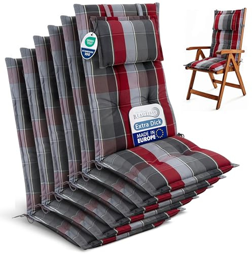 Beautissu 6er Set Gartenstuhlauflagen Hochlehner Sitzauflagen UV-Lichtecht | 120x50cm Grau Rot Hellblau Kariert 7cm Polster Sitzpolster Gartenstuhl Gartenmöbel Auflagen Stuhlauflage Terrasse HighLux HL