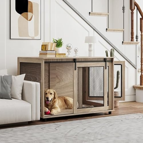 Mengtu Dog Crate Furniture, Sliding Barn Door XL Dog Cage with Particleboard Frame and Chew-Resistant Mesh for Living Room or Bedroom Use ZSSCB-UKT3398P349637UK