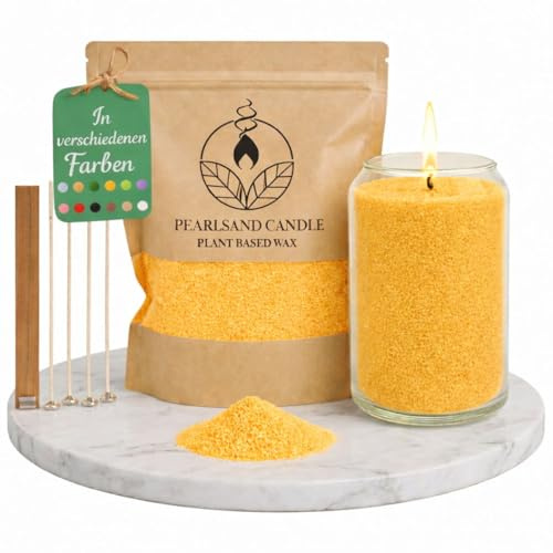 NaDeco Kerzensand mit Docht 400g, Kerzen selber Machen, Kerzenwachs & Kerzendocht, Farbwachs Wax Perlen Kerze Candle Sand, Pflanzliches Wachs Granulat, DIY Basteln Home Deko, Gelb