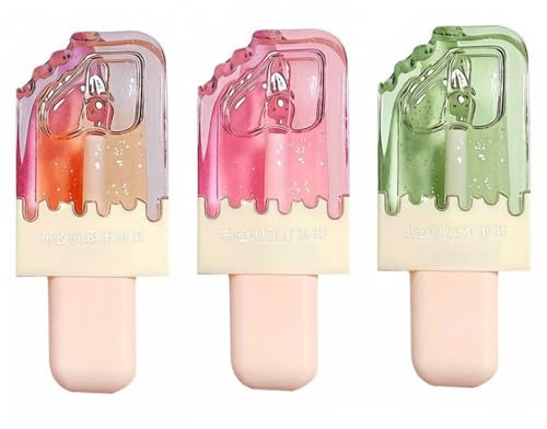 3 Pcs Huile à Lèvre Pailletée en Forme de Glace, Gloss Transparent Hydratant aux Fruits (Avocat, Orange, Pêche), Brillant à Lèvres Kawaii pour Femme et Fille, Coffret Maquillage Lèvres