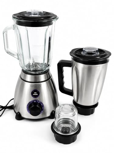 Swiss Line Licuadora Multifuncional 3 en 1, Acero Inoxidable, Jarra de Vidrio 1.5L, Vaso Mezclador, Molinillo, Función Ice Crush, 800W