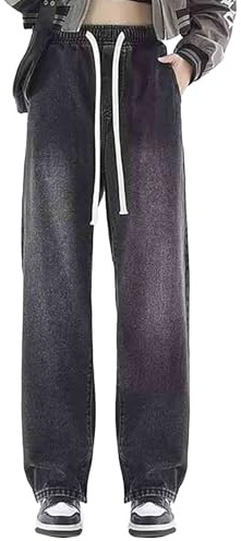 Sommarjeans med elastisk midja - breda benbyxor för dam lediga raka benbyxor med dragsko byxor enfärgad stretch cigarett plus storlek bekväma jeans mode mångsidig, Bk2, S