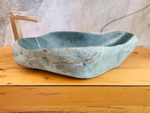 Lavabo per Bagno in Pietra da Appoggio 69x36x16 cm, Lavandino in Pietra di Fiume Verde Scuro con Venature Bianche, Forma Naturale e Foro di Scarico Rifinito