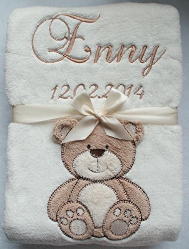 ★ Babydecke mit Namen und Datum bestickt ★ Geschenk ★Geburt ★ 802001 ★ (Beige mit Teddybär)