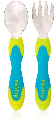 Nuby 2-teiliges Edelstahl-Utensilien, blau/grün, 2 Stück