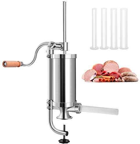 GOPLUS Wurstfüller aus Edelstahl, Wurstfüllmaschine Wurstmaschine Manuell, Wurstpress mit 4 verschiedene Füllrohre, Wurstspritze mit Befestigungsclip, Einfache Bedienung & leicht zu reinigen (1,5KG)