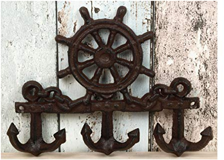 Maritime Hakenleiste Steuerrad & Anker 23 x 17cm Gusseisen Handtuchhaken Schlüsselhaken(BR)