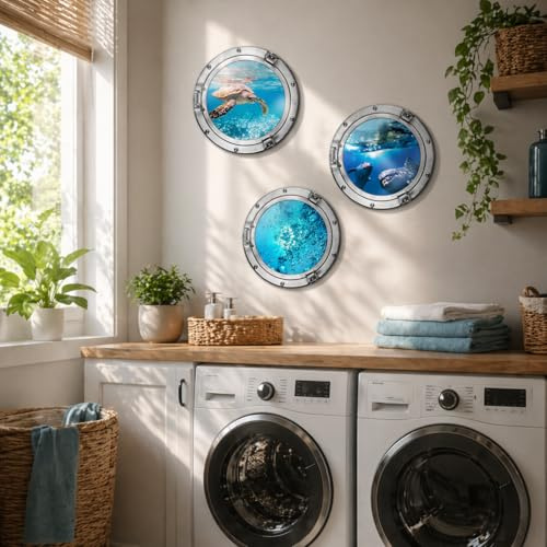 K&L Wall Art ESG Glasbild Meer Delfin Wandbild Glas Unterwasser Wanddeko Modern 3D-Bullauge Rund 50cm für Badezimmer Wohnzimmer