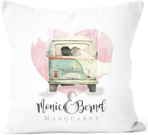 SpecialMe® Personalisierbares Kissen zur Hochzeit, Hochzeitskissen Camping Van Bus Hochzeitsgeschenk, Kissenhülle Weiss Unisize