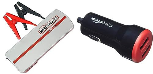 Dino KRAFTPAKET 12V-600A Starthilfegerät 66.6Wh 18000mAh & Amazon Basics - Kfz-Ladegerät für Apple- & Android-Geräte, USB-Anschluss: 2 Eingänge, 4,8 Ampere / 24 W, Schwarz/Rot
