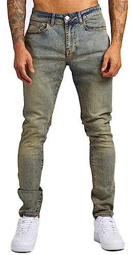 Oanviso Vaqueros Rasgados de Hombre Skinny Denim Jeans Vintage Pantalone con Cremallera Moda Casuales Elasticos Agujero Pantalón Largo Vaqueros Ajustados A Amarillo Azul L