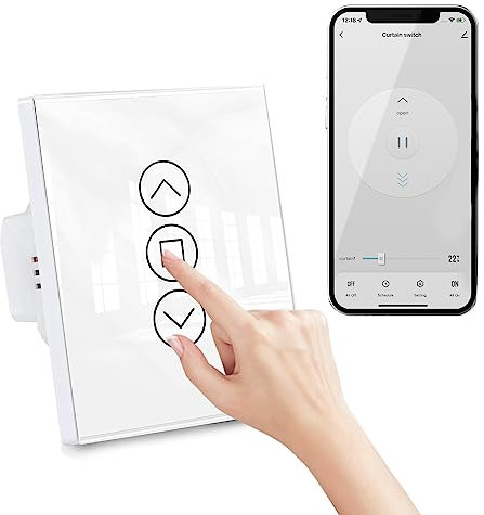 Interrupteur de volet roulant WiFi motorisé avec panneaux incurvés 2,5D, prise en charge RF433/WiFi/Voice/Touch Control, compatible avec Alexa et Google Home (nécessite un câble neutre) (1 pièce)