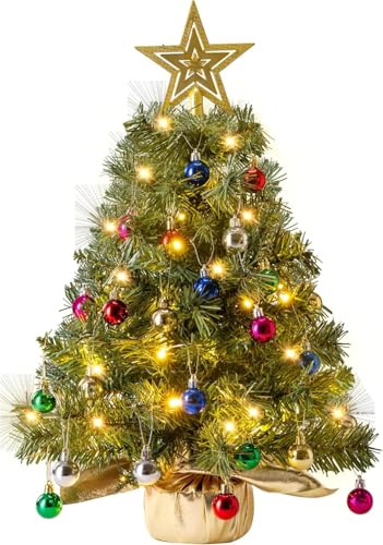 QLOFEI 60cm Mini Arbre de Noël de Table - avec 50 Lumières LED et 50 Décorations, Mini Sapin de Noël Artificiel de, Petit Sapins Décoration pour Nouvel an, Décoration de Bureau à Domicile