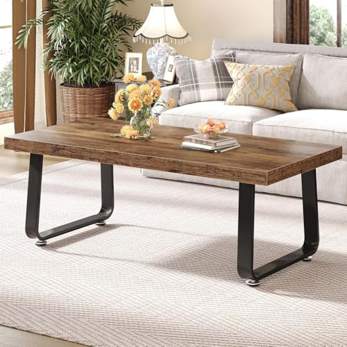 HSH Wooden Coffee Table, Industrial Rectangle Center Table, Modern Minimalist Coffee Table for Living Room, Farmhouse Wood and Metal Cocktail Tea Table for Bedroom Home Office, Rustic Brown, 47 in