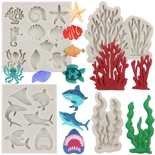 MYPRACS 4 Stück Ozean Themen Fondantformen Meerestier Silikonform | Hai Muschel Seestern Oktopus Schildkröte Korall, Algen Schokoladen Süßigkeitsform Kuchendekoration Cupcake Topper Gummipaste