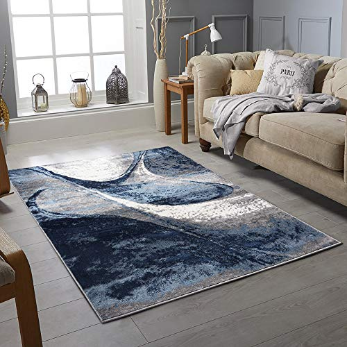 Rug Waves Modern Design Navy Blue & Grey Rugs Living Room Extra Large Size Soft Touch Short Pile Style Carpet Area Rugs Non Shedding-160 x 230 cm