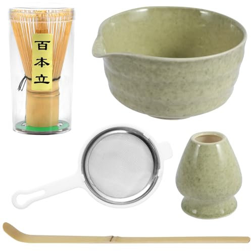Gatphy 5Pcs Ceramic Matcha Kit, 500ml Japanese Tea Set Matcha Making Starter Kit with Whisk Holder, Bamboo Whisk, Ceramic Bowl with Pouring Spout, Scoop and Strainer (Green5pcs)