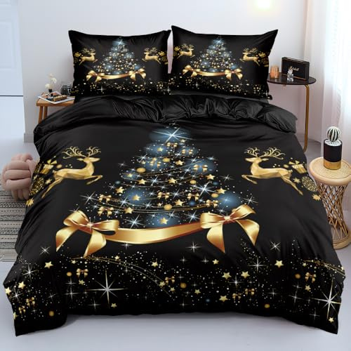 DXHOME Bettwäsche 135x200cm 4teilig Weihnachten Gold Schwarz Weihnachts Wintermotiv Weihnachten Deckenbezug 3D Drucken Weiche Mikrofaser Bettbezüge mit Reißverschluss und 2 Kissenbezüge 80×80cm