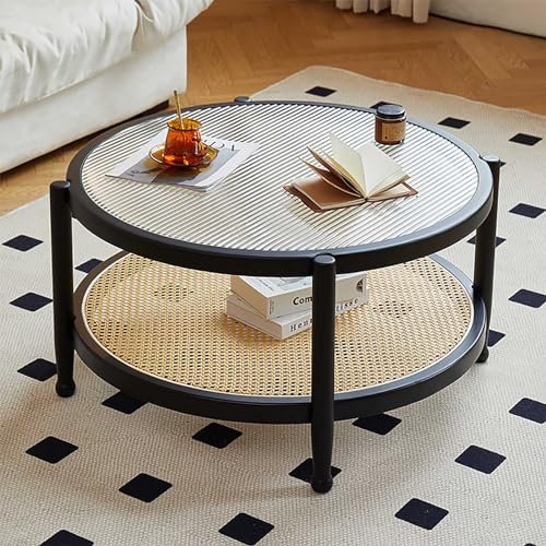 Runder Couchtisch mit Ablage, Rattan, 80 cm, kleiner Glas-Couchtisch für Wohnzimmer, moderner Stil, Bauernhaus, Holz, Couchtisch, Wohnzimmer, Couchtisch, Kreis, einfache Montage, Schwarz + Natur