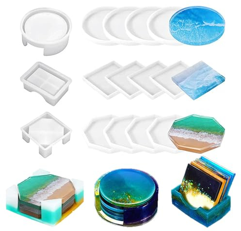 Stampo in silicone per colata fai da te, in resina epossidica, rotondo, quadrato e ottagonale, per sottobicchieri,progetti fai da te, portacandele(15 pezzi)