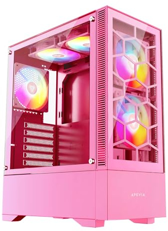 Apevia Eclipse-PK Eclipse Mid Tower Gaming PC Case w/ 5X 120mm ARGB Fans, 366 RGB Light Modes, Minimalistic Honeycomb Design, Tempered Glass Front & Side Panels, 1X USB3.0, 2X USB2.0, Pink